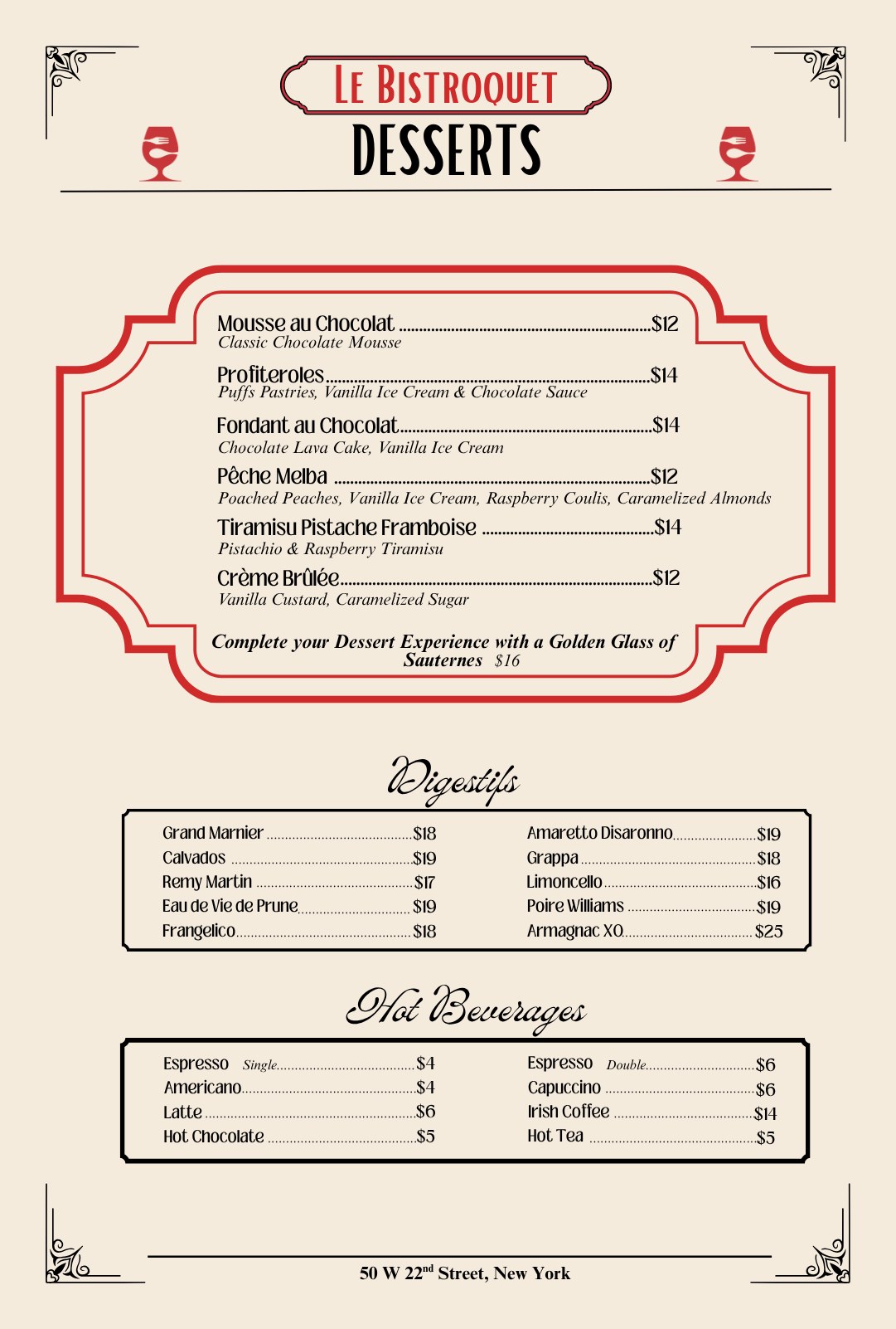 Desserts menu