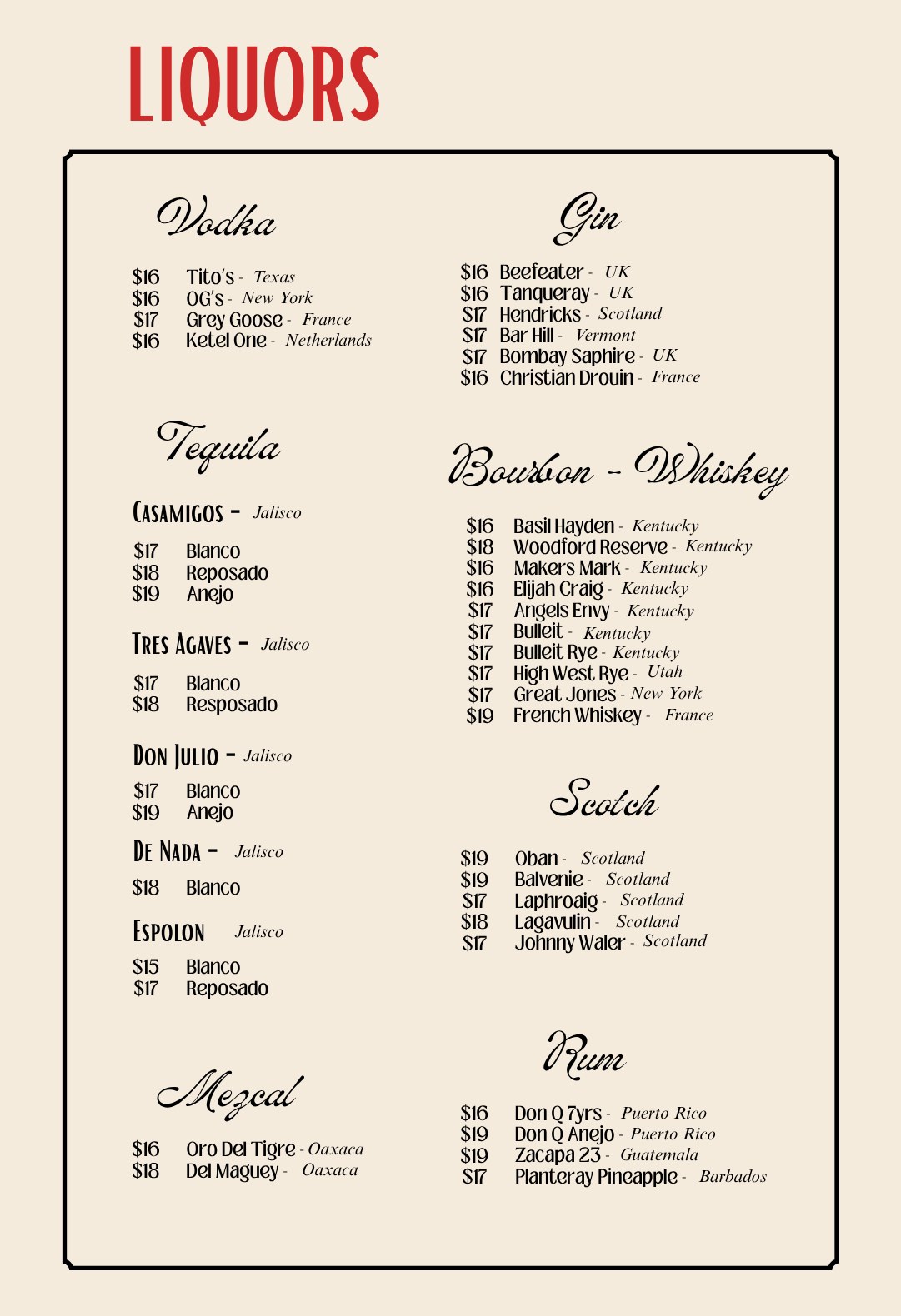 Liquors & Happy Hour menu page 1