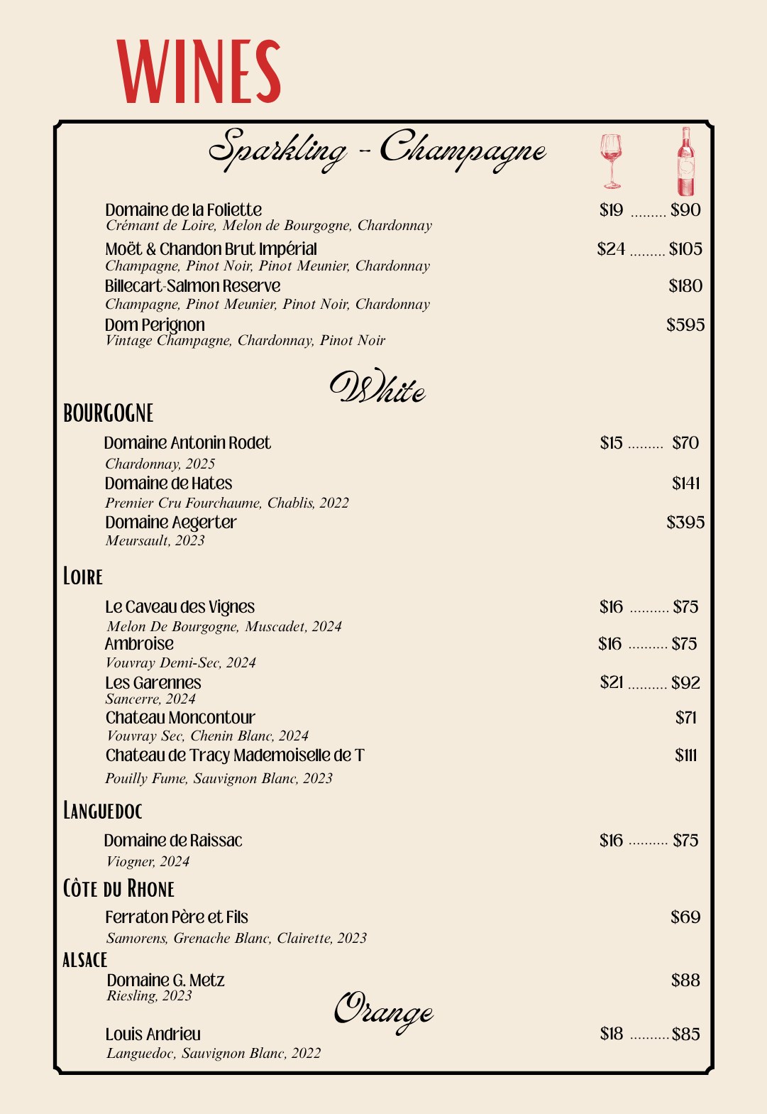 Wines menu page 1